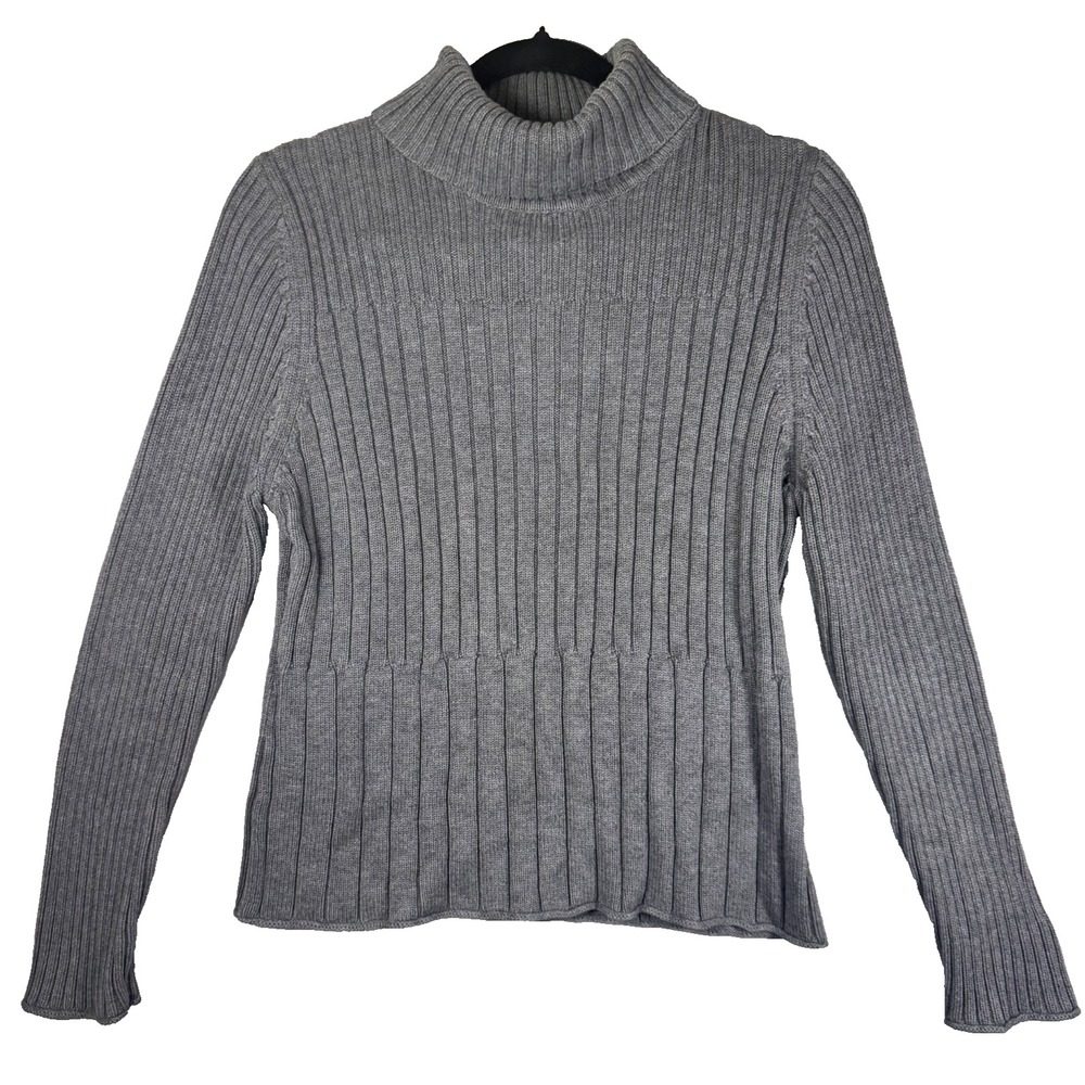 J Jill Gray Knit Turtleneck Sweater Women's Medium Tall 100% Cotton Ribbed Class